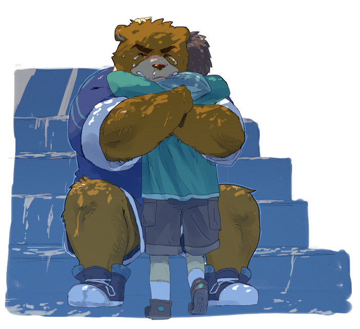 2boys, aged_down, animal_ears, back_turned, bear_boy, bear_ears, black_footwear, blue_footwear, blue_jacket, blue_shorts, brown_fur, chisa_sa, commentary_request, crying, facing_another, facing_viewer, furry, furry_male, green_jacket, grey_shorts, hiroyuki_nishimura_(morenatsu), hood, hood_down, hooded_jacket, hug, jacket, juuichi_mikazuki, male_focus, morenatsu, multiple_boys, shorts, sitting, snot, snot_trail, stairs, tears, white_background