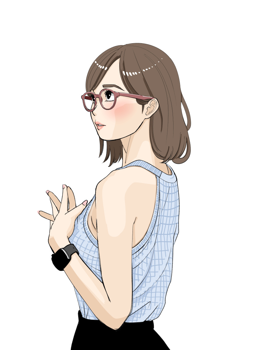 1girl, absurdres, black_eyes, black_skirt, blush, brown_hair, glasses, highres