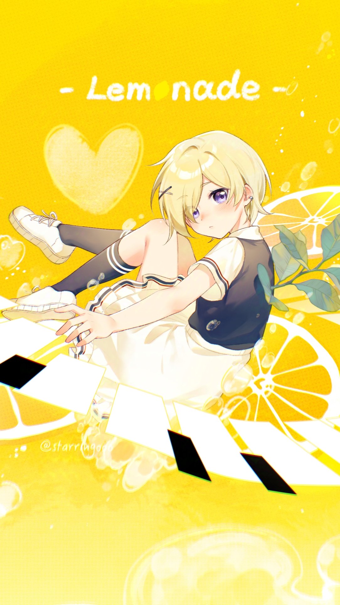1girl, air_bubble, black_shirt, black_socks, blonde_hair, blush, bubble, chinese_commentary