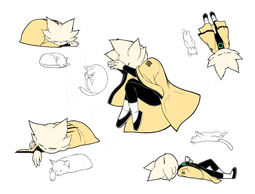 1boy, cat, cloth_shoes, furry, highres, lying, multiple_views, nine_sols, r0u1ye, reference_inset, sleeping, tail, taoist_rope, white_background, yi_(nine_sols)