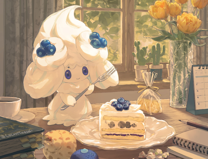 alcremie, berry_(pokemon), book, cactus, cake, cake_slice, calendar_(object), candy_wrapper, closed_mouth, cocontoozai, commentary_request, cup, curtains, flower, food, fork, holding, holding_fork, indoors, no_humans, oran_berry, pencil, plate, pokemon, pokemon_(creature), saucer, sitrus_berry, smile, solo, vase, window, yellow_flower