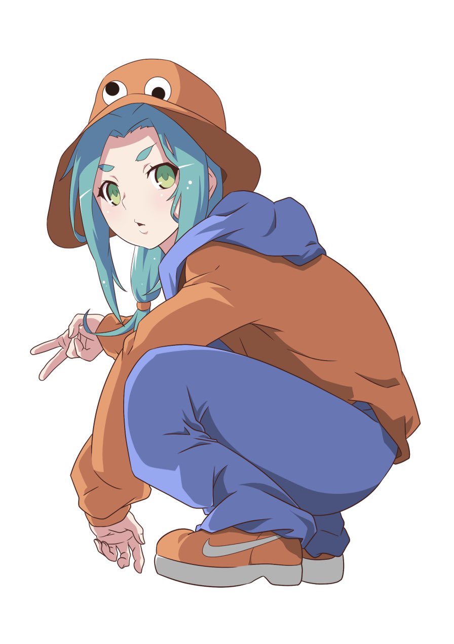 1girl, adapted_costume, anime_coloring, aqua_hair, blue_hoodie, blue_pants, bucket_hat, commentary
