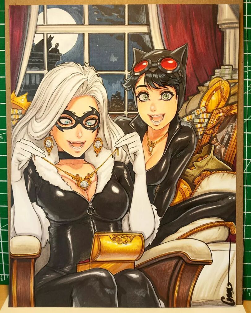 2boys, 2girls, batman, batman_(series), black_cat_(marvel), black_hair, blue_eyes, bruce_wayne