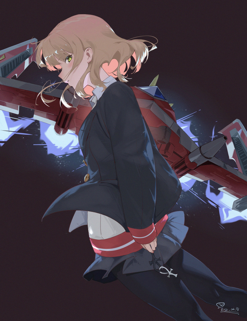 1girl, absurdres, black_jacket, black_pantyhose, black_skirt, brown_background, brown_hair, buttons
