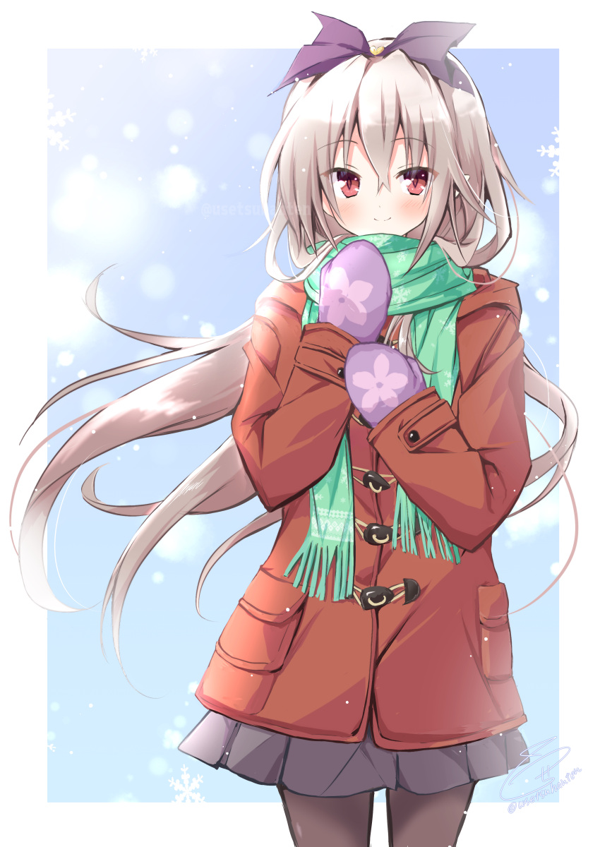 1girl, absurdres, aoi_tori_(purple_software), black_pantyhose, black_skirt, blush, border, bow