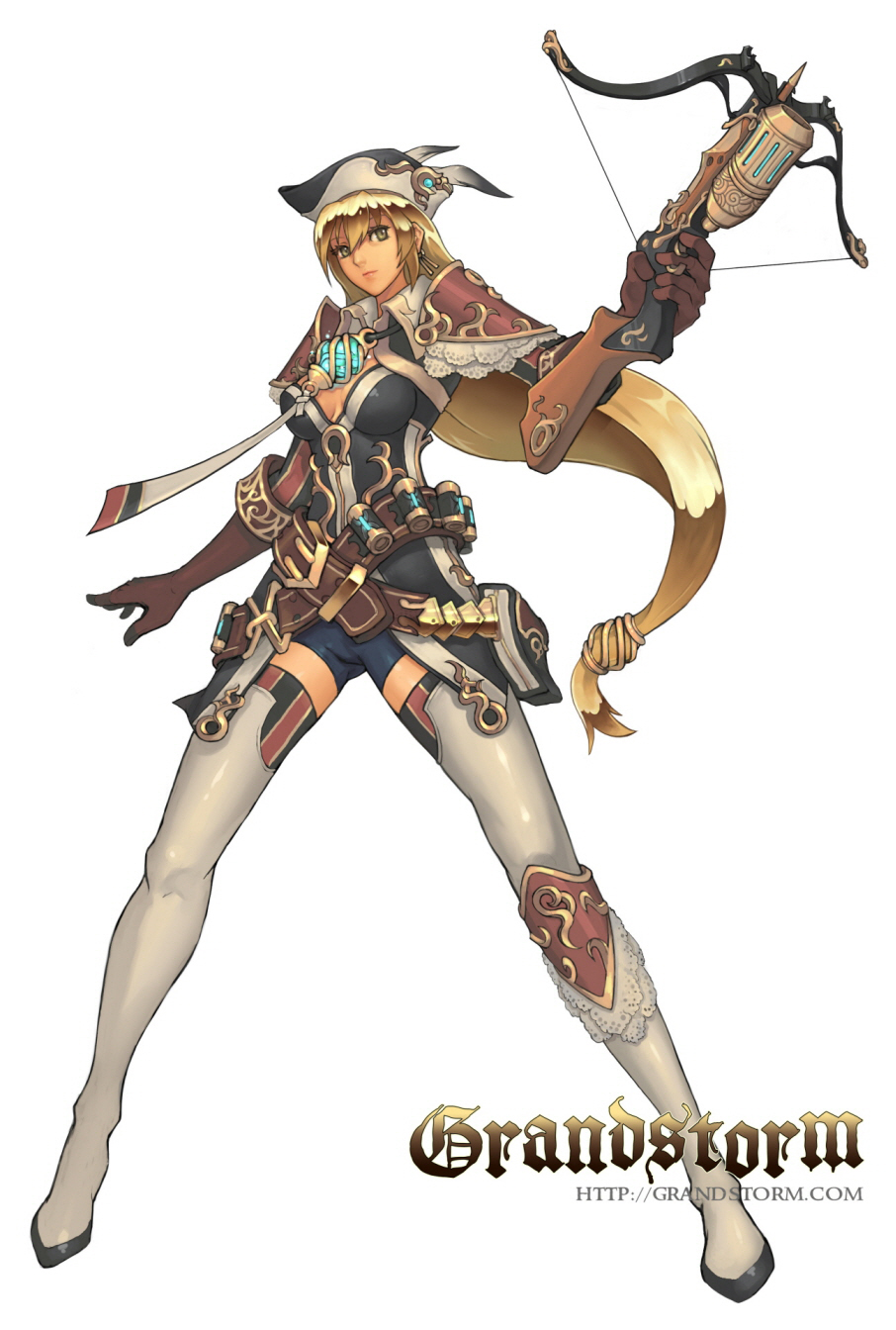 bike_shorts, boots, bow_(weapon), breasts, crossbow, fantasy, gloves, hat