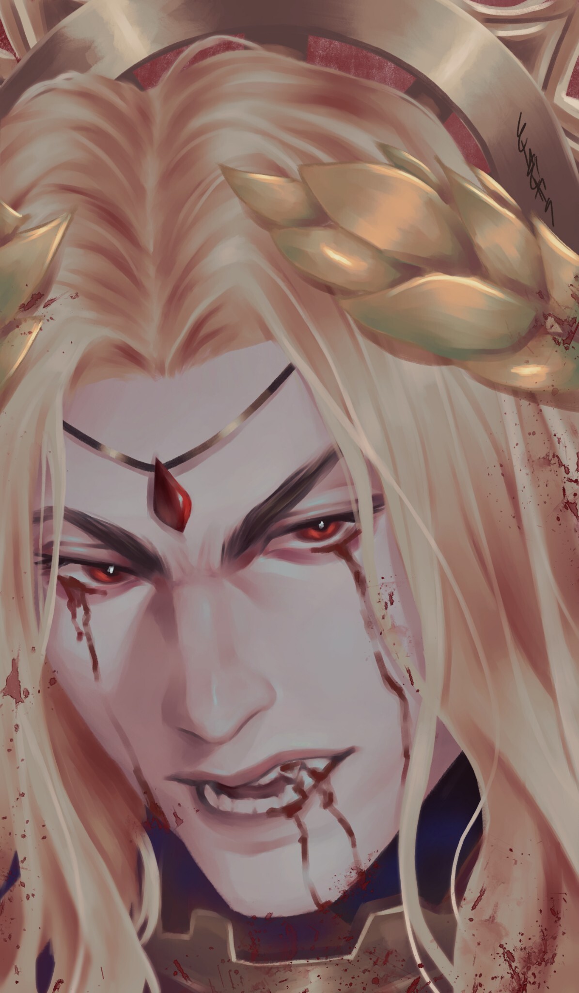 1boy, armor, blonde_hair, blood, blood_angels, blood_from_eyes, blood_from_mouth, blood_on_teeth