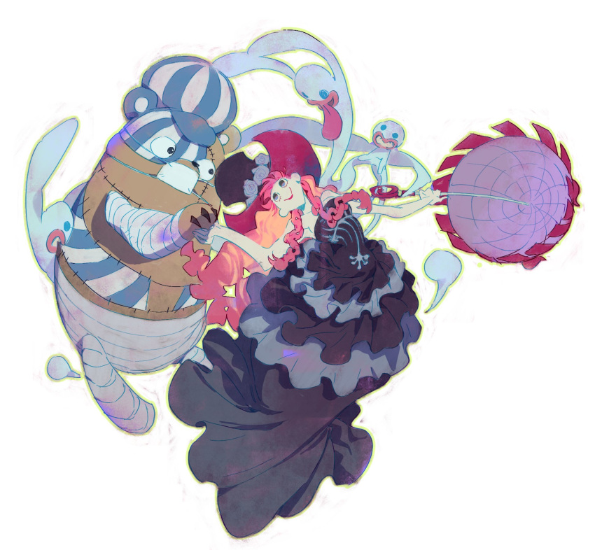 1girl, bare_shoulders, bear, black_dress, black_eyes, black_hat, braid, dress, flower, frilled_dress, frills, full_body, ghost, hat, hat_flower, highres, holding, holding_hands, holding_umbrella, kumacy, long_hair, looking_at_another, mask, mouth_mask, one_piece, perona, pink_hair, pink_umbrella, siyangou49, smile, stitches, strapless, strapless_dress, toy, twin_braids, umbrella, white_background