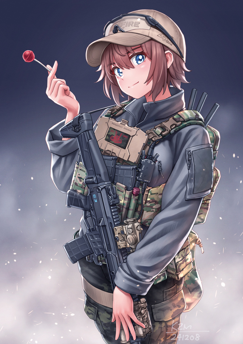 1girl, ammunition_pouch, assault_rifle, baseball_cap, black_jacket, brown_hair, bulletproof_vest, candy