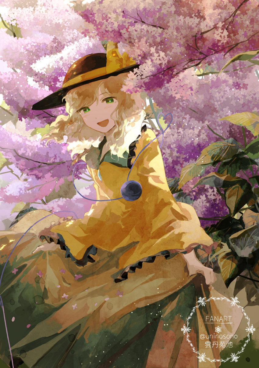 1girl, :d, absurdres, black_hat, blouse, bow, branch, buttons