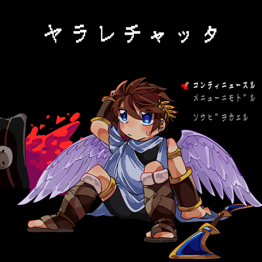 angel, angel_wings, black_background, blue_eyes, brown_hair, cauldron, fiend's_cauldron, highres