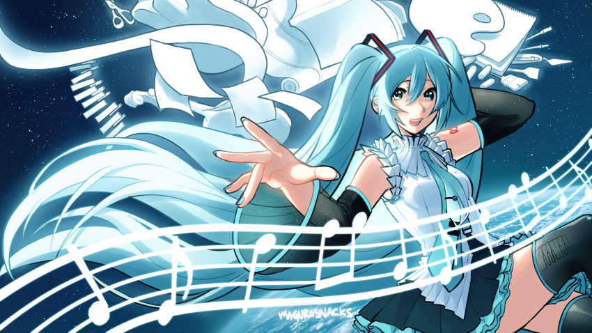 1girl, absurdres, aqua_eyes, aqua_hair, aqua_nails, aqua_necktie, arm_behind_head, artist_name