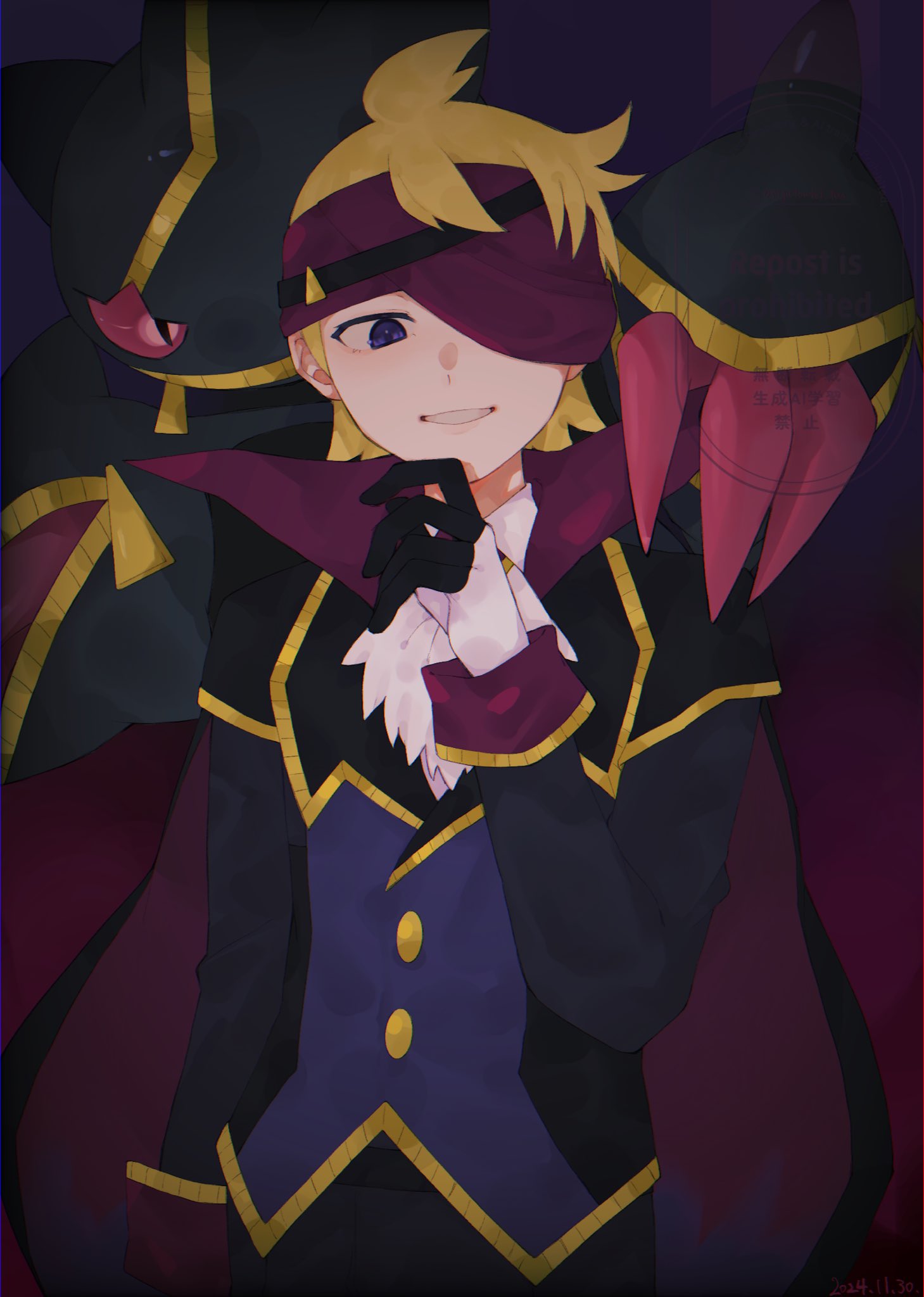 1boy, ascot, banette, blonde_hair, blue_eyes, buttons, commentary_request, gloves