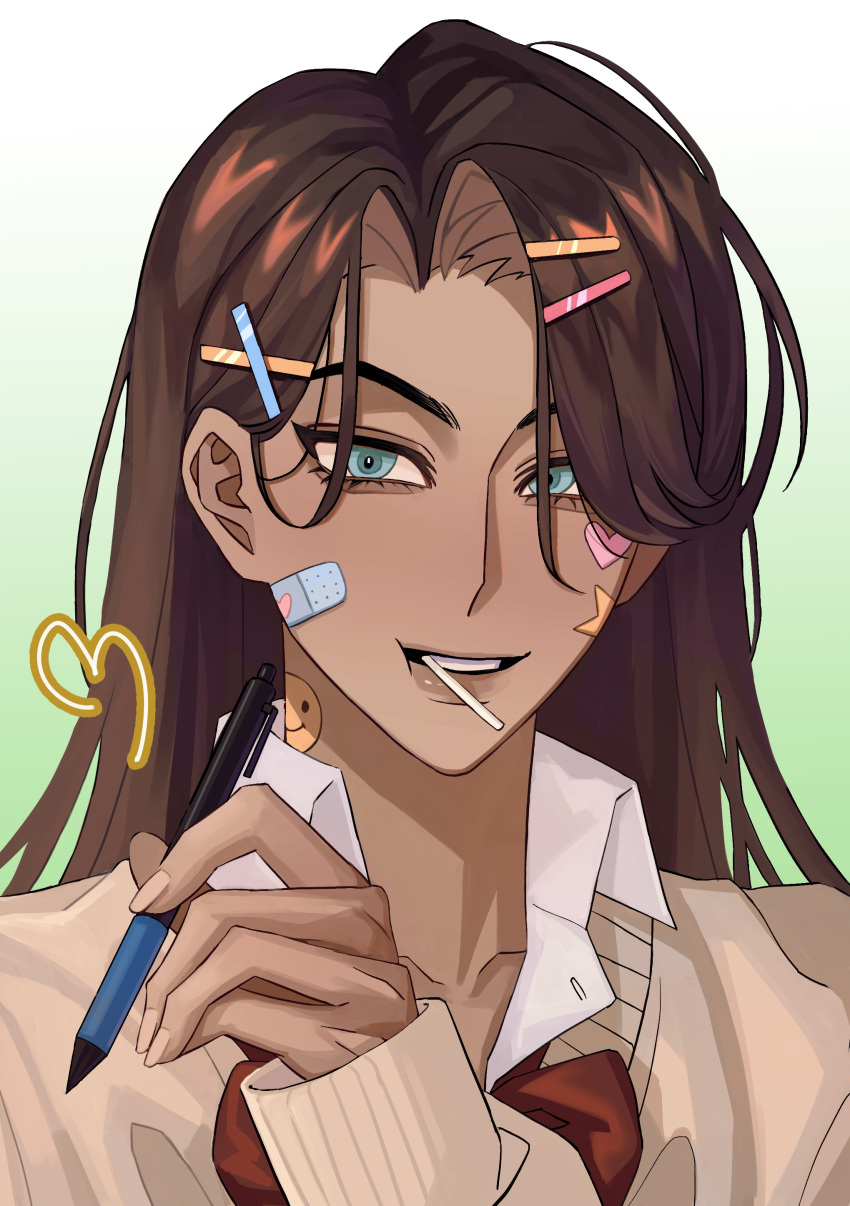 1girl, absurdres, alien_stage, bandaid, bandaid_on_face, blue_eyes, bow, bowtie, brown_hair, brown_sweater, collared_shirt, dark-skinned_female, dark_skin, gradient_background, green_background, hair_ornament, hairclip, heart, helium_(qiuqiuleyuan), highres, holding, holding_pen, hyuna_(alien_stage), long_hair, long_sleeves, mouth_hold, pen, portrait, red_bow, red_bowtie, shirt, smile, solo, star_(symbol), sweater, two-tone_background, white_background, white_shirt