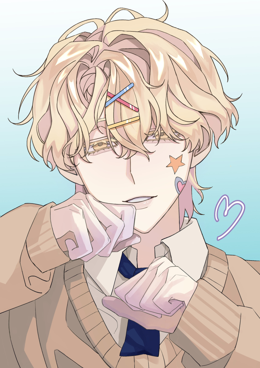 1boy, absurdres, alien_stage, black_necktie, blonde_hair, blue_background, brown_sweater, collared_shirt, colored_eyelashes, gradient_background, hair_between_eyes, hair_ornament, hairclip, half-closed_eyes, heart, helium_(qiuqiuleyuan), highres, long_sleeves, luka_(alien_stage), male_focus, necktie, shirt, short_hair, smile, solo, star_(symbol), sweater, two-tone_background, very_short_hair, white_background, white_shirt, yellow_eyes