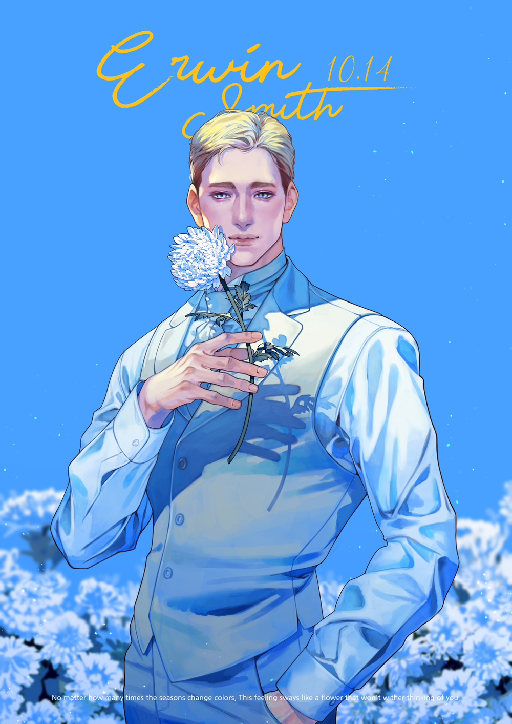 1boy, arm_up, blonde_hair, blue_eyes, blue_flower, blue_sky, buttons, character_name, closed_mouth, collared_shirt, commentary_request, cowboy_shot, dated, english_text, erwin_smith, flower, highres, holding, holding_flower, korean_commentary, long_sleeves, looking_at_viewer, male_focus, pants, pigxhunter, shingeki_no_kyojin, shirt, short_hair, sky, solo, vest