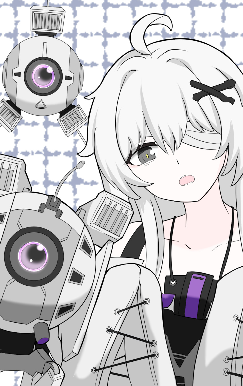 1girl, 1other, ahoge, bandaged_hand, bandages, drone, grey_eyes, grey_hair