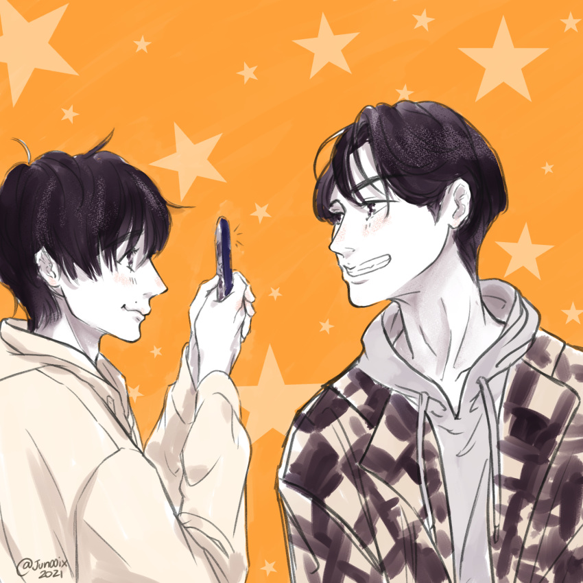 2boys, 30-sai_made_doutei_dato_mahoutsukai_ni_nareru_rashii, adachi_kiyoshi, artist_name, cherry_magic!, dated, hand_up, highres