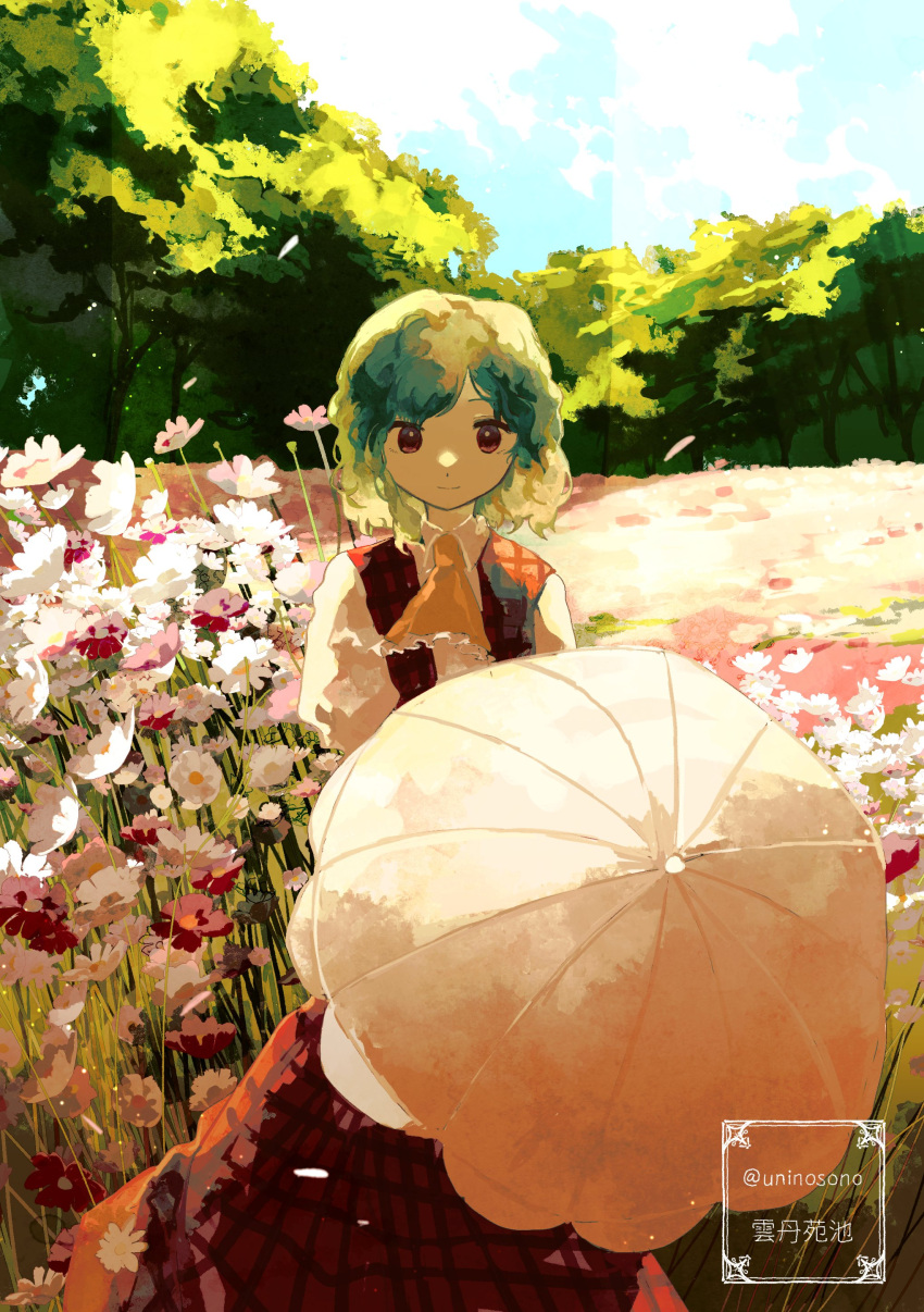 1girl, absurdres, ascot, blue_sky, closed_mouth, clouds, cloudy_sky, collared_shirt