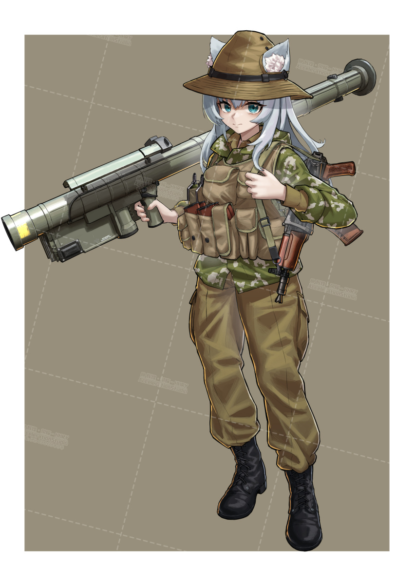 absurdres, ammunition_pouch, animal_ears, blue_eyes, boots, bulletproof_vest, cat_girl, grey_hair