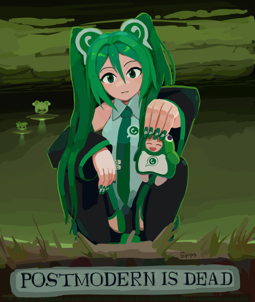 :3, absurdres, animal_costume, azumanga_daioh, epips, fingernails, green_background, green_eyes, green_hair, green_nails, green_skirt, green_sky, hatsune_miku, highres, holding, long_fingernails, mihama_chiyo, penguin_costume, skirt, sky, tagme, twintails, vocaloid, whatsapp