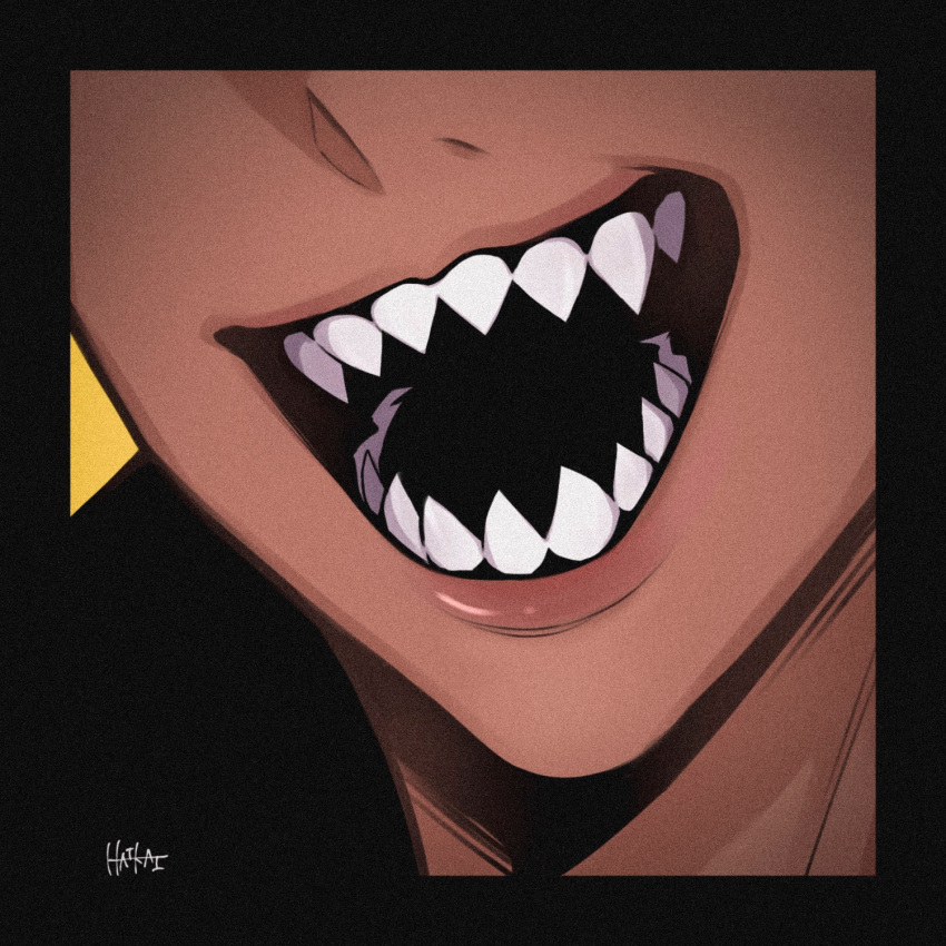 1boy, artist_name, black_border, border, close-up, dark-skinned_male, dark_skin, film_grain, grin, highres, lips, male_focus, mammon_(obey_me!), mouth_focus, obey_me!:_one_master_to_rule_them_all!, open_mouth, sharp_teeth, shiny_lips, signature, smile, solo, sp_haikai, teeth