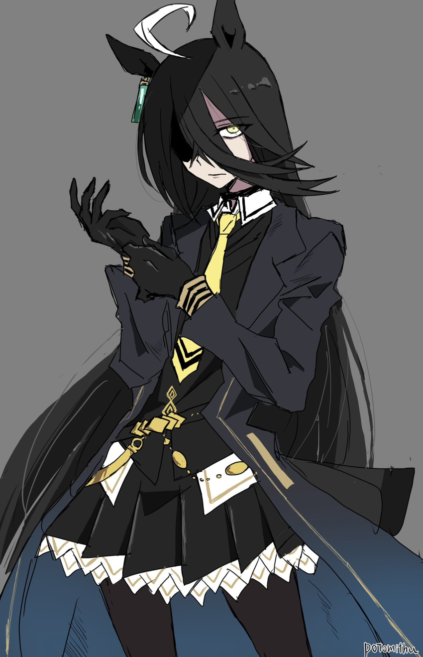 1girl, asymmetrical_gloves, bibitto_love_(honeyworks), black_gloves, black_hair, black_pantyhose, black_shirt, black_skirt