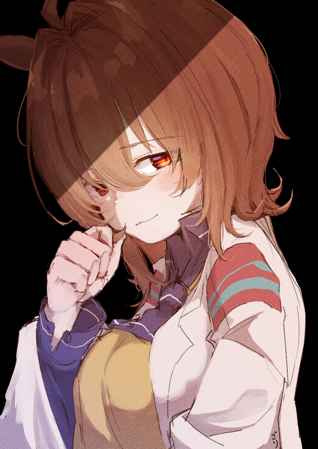 1girl, agnes_tachyon_(umamusume), ahoge, animal_ears, black_background, black_necktie, black_shirt, blush