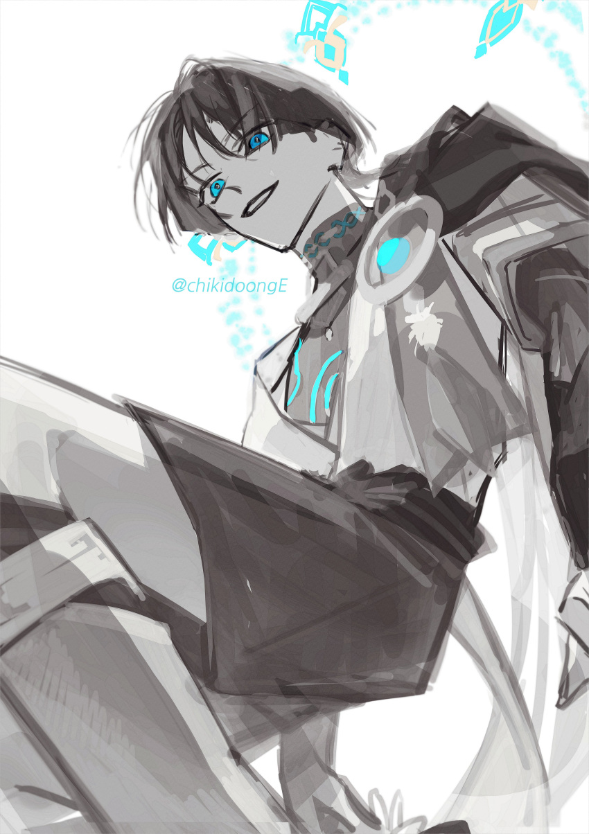 1boy, absurdres, arm_at_side, blue_eyes, blue_gemstone, blue_halo, blunt_ends, bodysuit