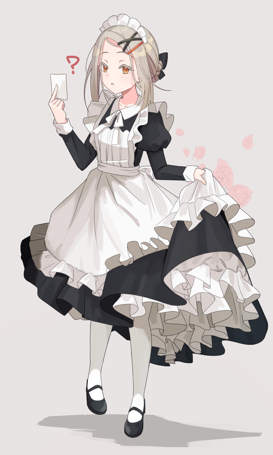 1girl, ?, apron, black_dress, black_footwear, black_ribbon, breasts, dot_nose