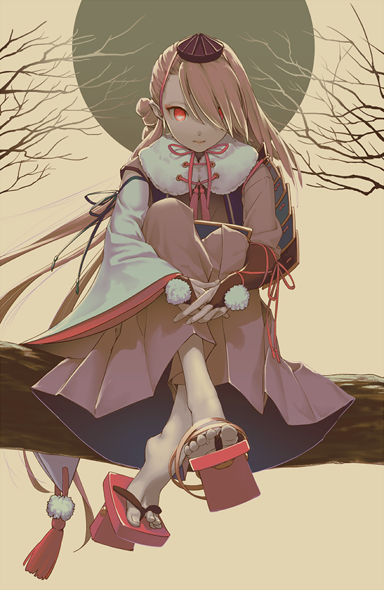 1boy, armor, branch, geta, green_circle, grey_hair, grey_hakama, hair_over_one_eye