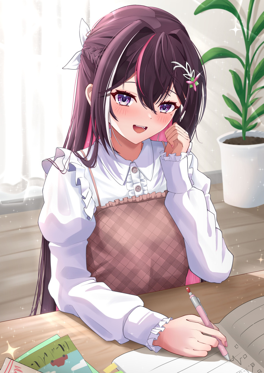 1girl, :d, absurdres, apron, azki_(hololive), blush, book, braid