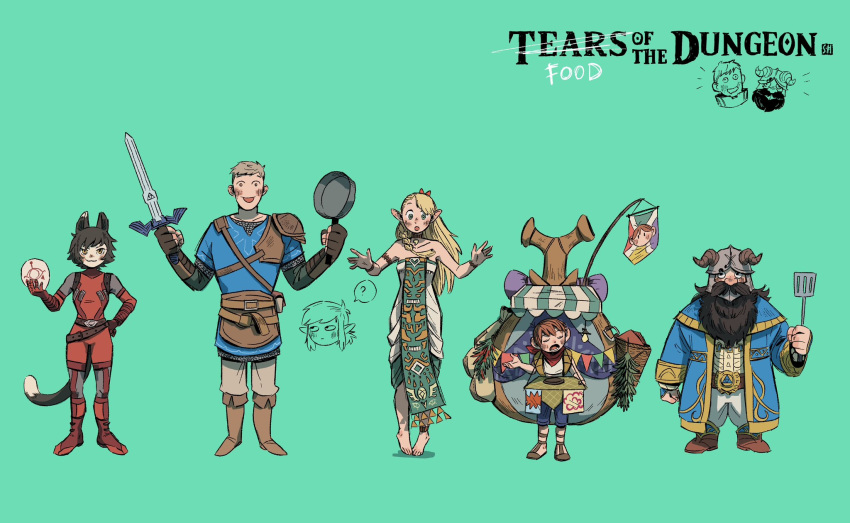 :3, ?, aqua_background, beedle, beedle_(cosplay), blonde_hair, chilchuck_tims, cosplay, crossover, dungeon_meshi, frying_pan, highres, holding, holding_frying_pan, holding_shovel, izutsumi, laios_touden, link, link_(cosplay), long_hair, marcille_donato, pointy_ears, princess_zelda, princess_zelda_(cosplay), rhoam_bosphoramus_hyrule, rhoam_bosphoramus_hyrule_(cosplay), senshi_(dungeon_meshi), shovel, shuangshuanghao, sleeping, sword, the_legend_of_zelda, the_legend_of_zelda:_breath_of_the_wild, weapon, yiga_clan_footsoldier, yiga_clan_footsoldier_(cosplay)