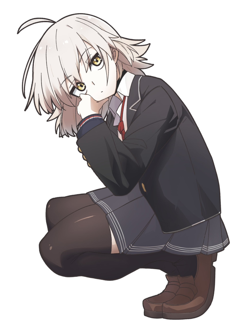 1girl, ahoge, black_choker, black_jacket, black_thighhighs, brown_footwear, choker, closed_mouth