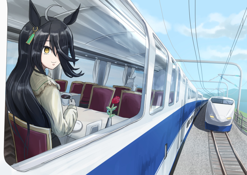 1girl, ahoge, animal_ears, black_hair, cable, chair, coffee, ear_tag, earrings, game_cg, hair_between_eyes, hair_over_one_eye, high-speed_train, highres, hoiruka_oekaki, horse_ears, horse_girl, jewelry, long_hair, long_hair_between_eyes, looking_down, manhattan_cafe_(umamusume), multicolored_hair, plate, railing, railroad_tracks, shinkansen, shirt, single_earring, sitting, sky, solo, table, train, umamusume, very_long_hair, white_hair, yellow_eyes, yellow_shirt