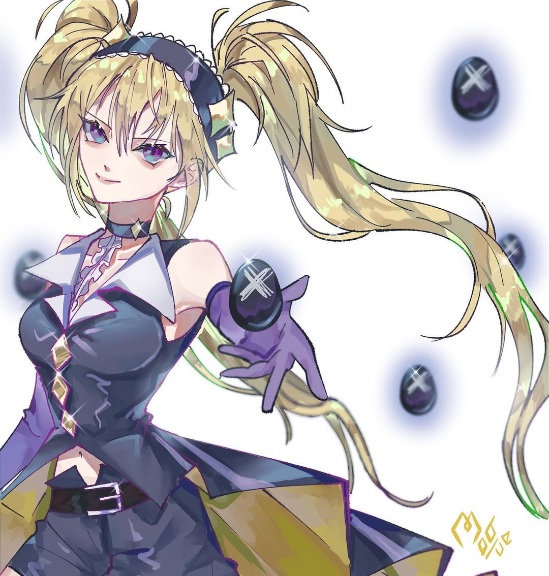 1girl, artist_name, belt, blonde_hair, choker, closed_mouth, collared_shirt, commentary_request