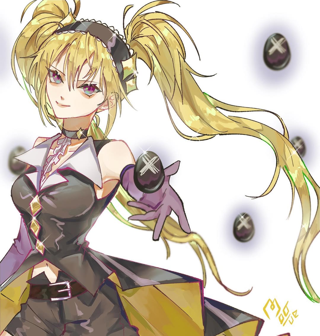 1girl, artist_name, belt, black_gloves, black_shirt, black_shorts, blonde_hair, choker, closed_mouth, collared_shirt, commentary_request, cowboy_shot, diamond_(shape), egg, gloves, headband, hoshina_utau, korean_commentary, moblue_030, shirt, shorts, shugo_chara!, sidelocks, simple_background, sleeveless, smile, solo, twintails, white_background, x-egg_(shugo_chara!)