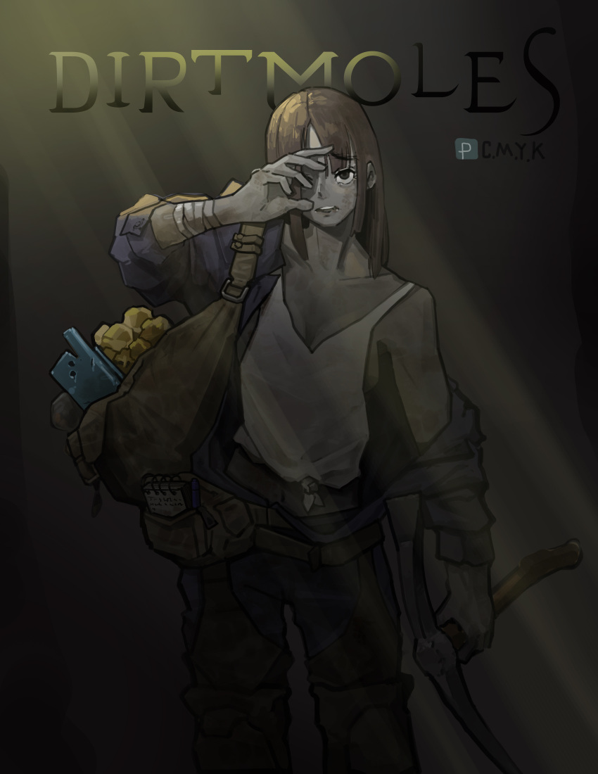 1girl, absurdres, bag, bandaged_arm, bandages, belt_pouch, blue_jacket, blue_pants