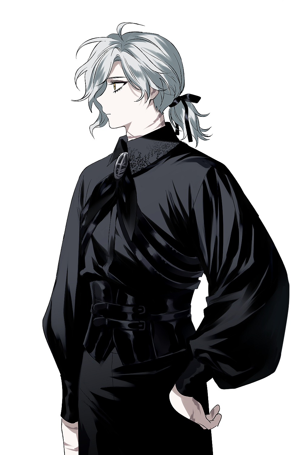 1boy, :|, arm_at_side, black_corset, black_neckerchief, black_pants, black_ribbon, black_shirt