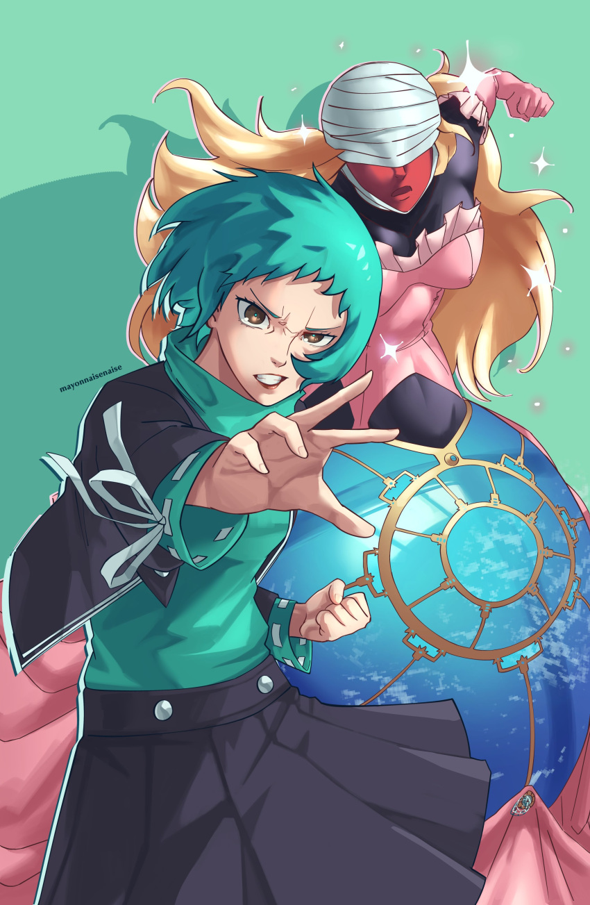 1girl, absurdres, adapted_costume, aqua_hair, black_jacket, black_skirt, brown_eyes, commentary, commission, english_commentary, gekkoukan_high_school_uniform, green_background, green_shirt, highres, jacket, long_sleeves, lucia_(persona), mayonnaisenais3, persona, persona_3, school_uniform, shadow, shirt, short_hair, simple_background, skirt, turtleneck, turtleneck_shirt, yamagishi_fuuka