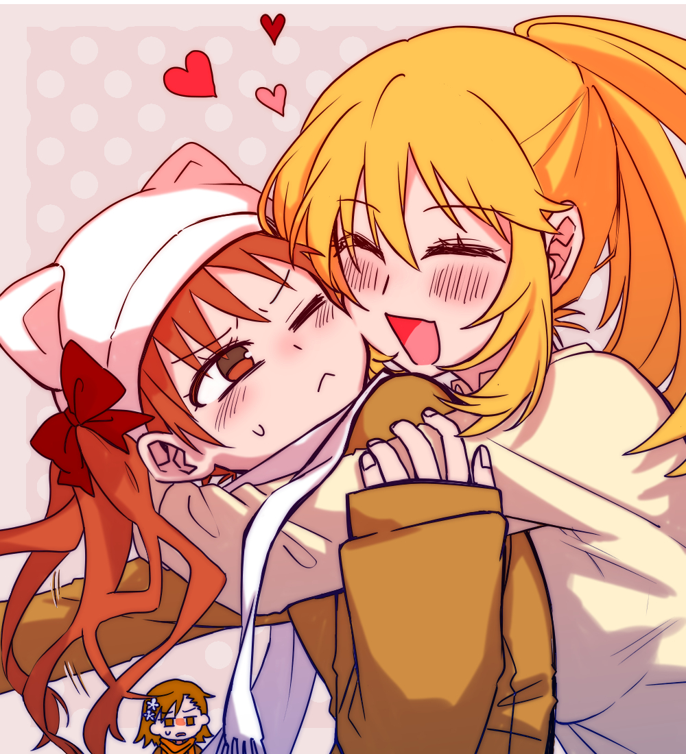 3girls, :d, ;<, animal_ear_headwear, animal_ears, blonde_hair, blush, brown_eyes