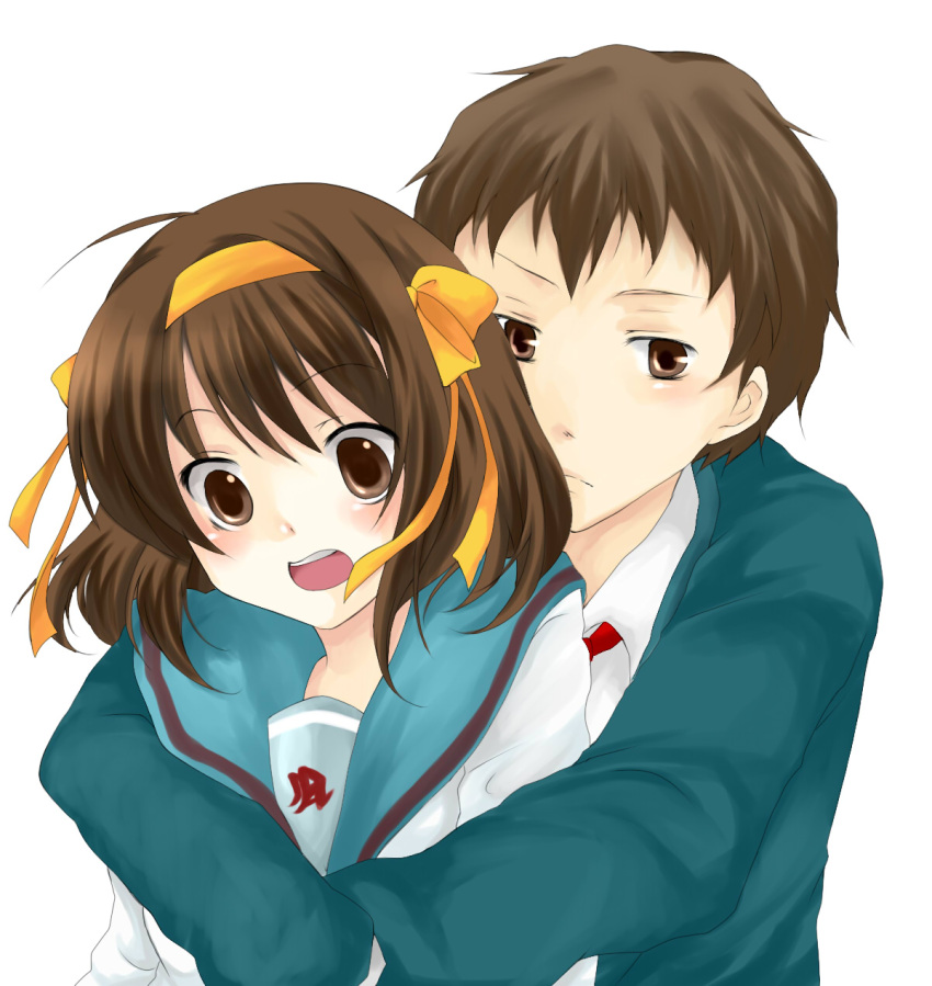 brown_hair, hair_ribbon, hairband, highres, hug, hug_from_behind, kyon, ribbon
