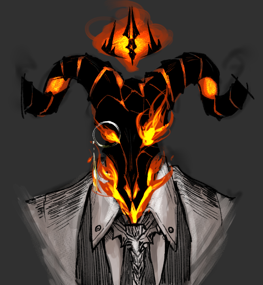 1boy, brooch, collared_shirt, dark_halo, duke_inferno_(honkai:_star_rail), fire, grey_background, greyscale