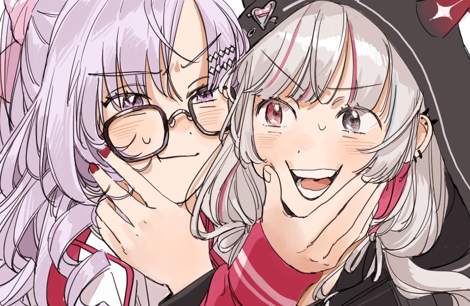 2girls, black_eyes, black_hoodie, blush, cheek_squash, closed_mouth, glasses, grabbing_another's_chin