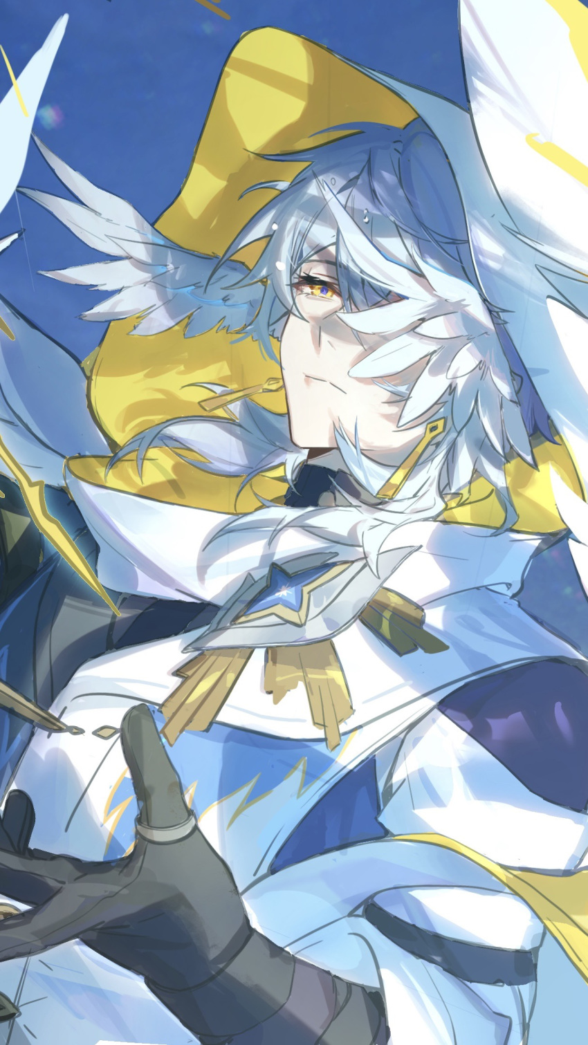 1boy, bishounen, black_gloves, blue_background, closed_mouth, coat, color_contrast, cropped