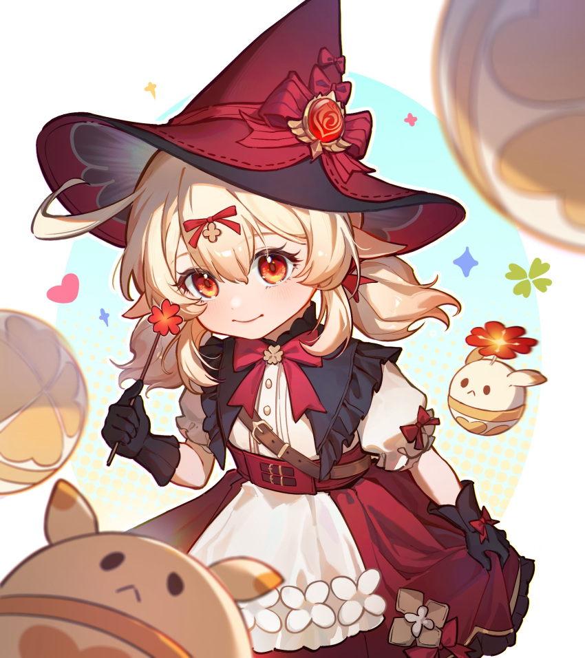 1girl, apron, arm_at_side, ball, black_gloves, blonde_hair, blue_background, blurry