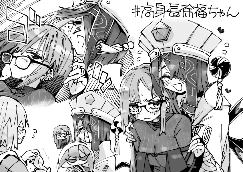 3girls, :d, blood, blush, breasts, character_doll, chinese_clothes, closed_eyes, crying, doll, ear_piercing, fate/grand_order, fate_(series), fingernails, flying_sweatdrops, greyscale, hair_over_one_eye, hand_on_another's_shoulder, hashtag, hat, headbutt, heart, highres, holding, holding_doll, holding_tissue, lady_yu_doll, mash_kyrielight, mole, mole_under_eye, monochrome, multiple_girls, nosebleed, open_mouth, piercing, sidelocks, smile, waira, wide_sleeves, xu_fu_(fate), yu_mei-ren_(fate)