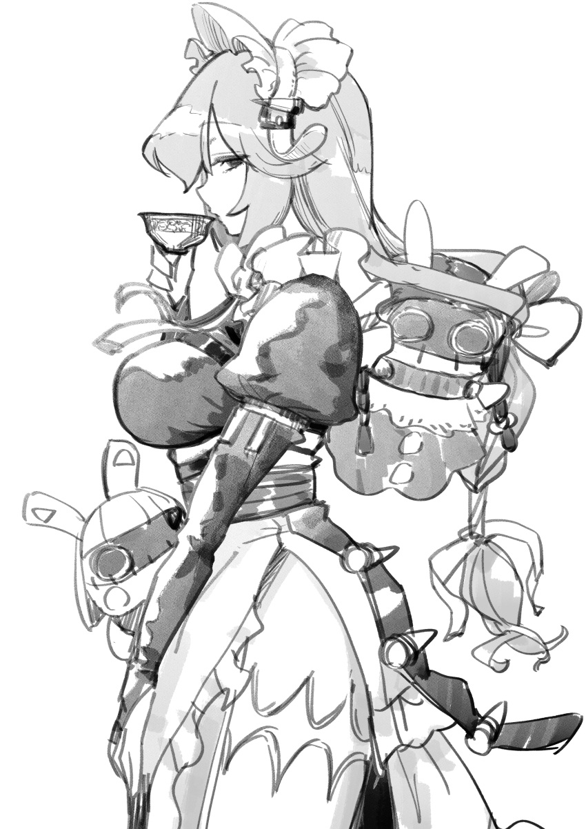 1girl, absurdres, alexandrina_sebastiane, anastella_(zenless_zone_zero), bangboo_(zenless_zone_zero), breasts, cowboy_shot, cup, drinking, drusilla_(zenless_zone_zero), expressionless, from_side, gloves, greyscale, hair_between_eyes, highres, holding, holding_cup, large_breasts, long_hair, looking_at_viewer, maid, maid_headdress, monochrome, partially_fingerless_gloves, sidelocks, simple_background, sketch, solo, white_background, yoruniyoruyoshi, zenless_zone_zero