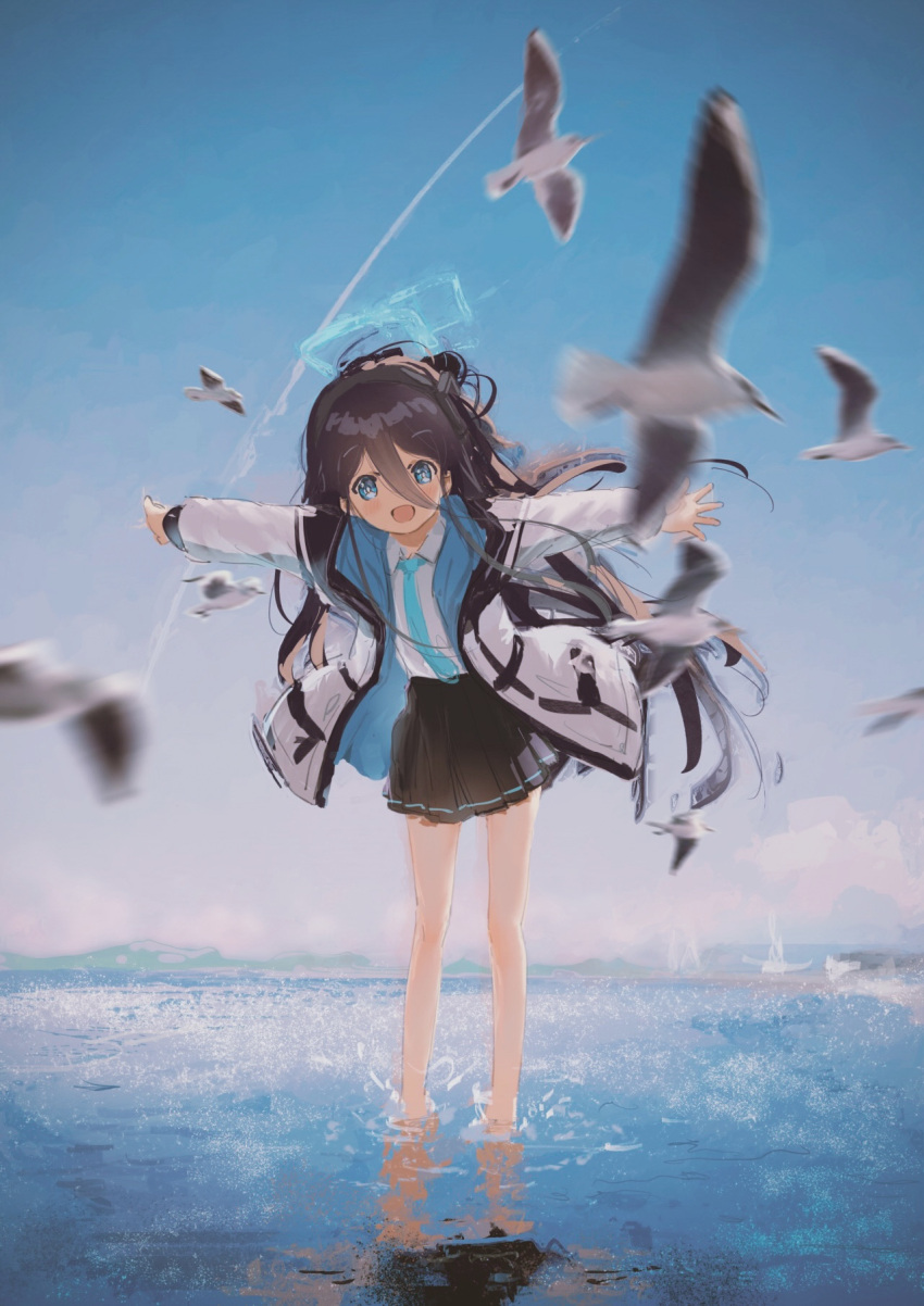 1girl, :d, aris_(blue_archive), arisu_syndrome, bare_legs, bird, black_hair, black_skirt