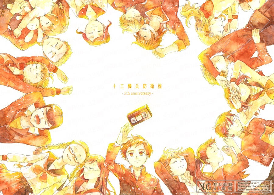 6+boys, 6+girls, amiguchi_shuu, bandaged_neck, bandages, braid, brown_hair, chihiro_(juusan_kihei_bouei_ken)